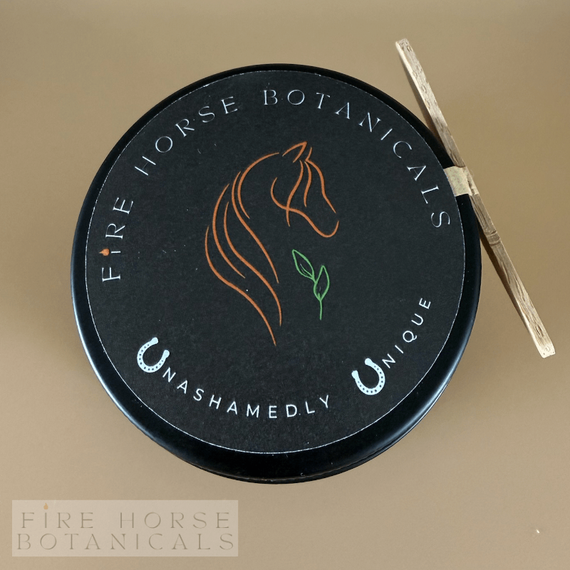 Tub of 'Fire Horse Botanicals' product on a beige background