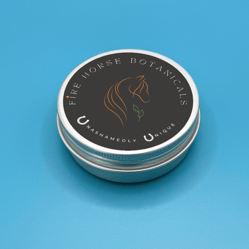 Tin container with 'Fire Horse Botanicals' label on a blue background