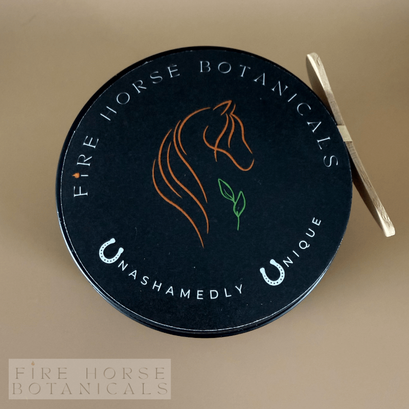 Black container with 'Fire Horse Botanicals' branding on a beige background