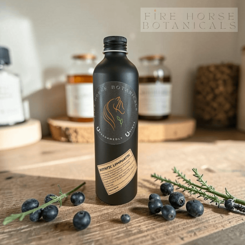 Bottle of Fire Horse Botanicals on a wooden surface with berries and herbs.