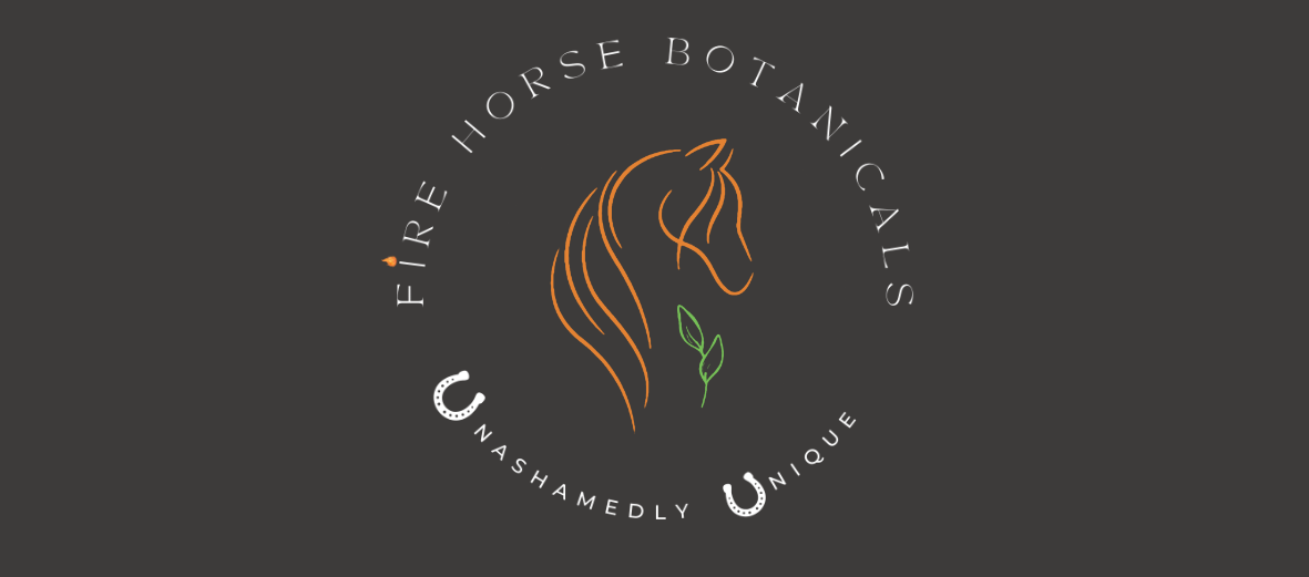 Logo of Fire Horse Botanicals with a horse head and leaves on a dark background
