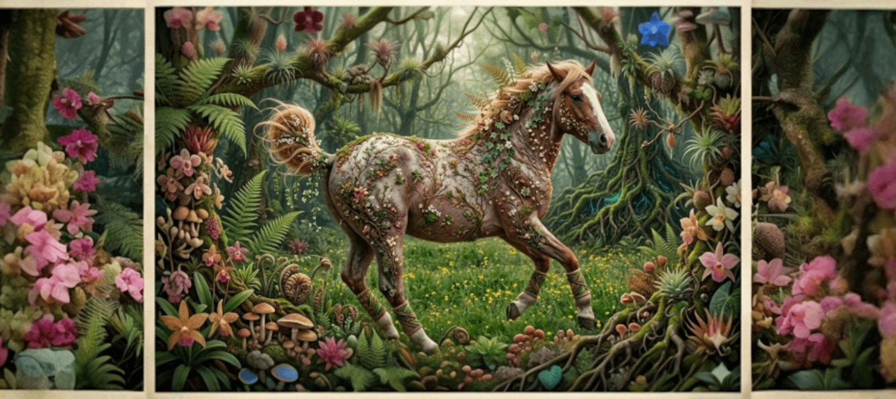 Fire Horse surrounded by flowers and foliage in a forest setting