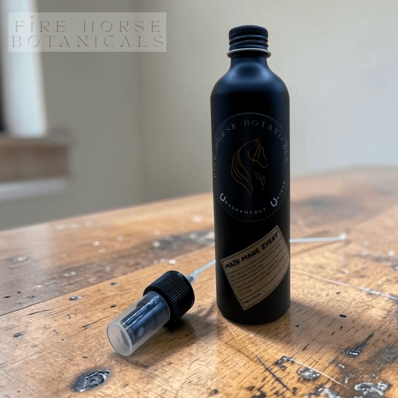 Bottle and spray applicator on a wooden surface, 'Fire Horse Botanicals' branding.