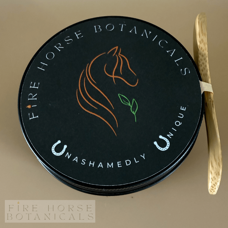 Black container with 'Fire Horse Botanicals' branding and a horse logo on a beige background.