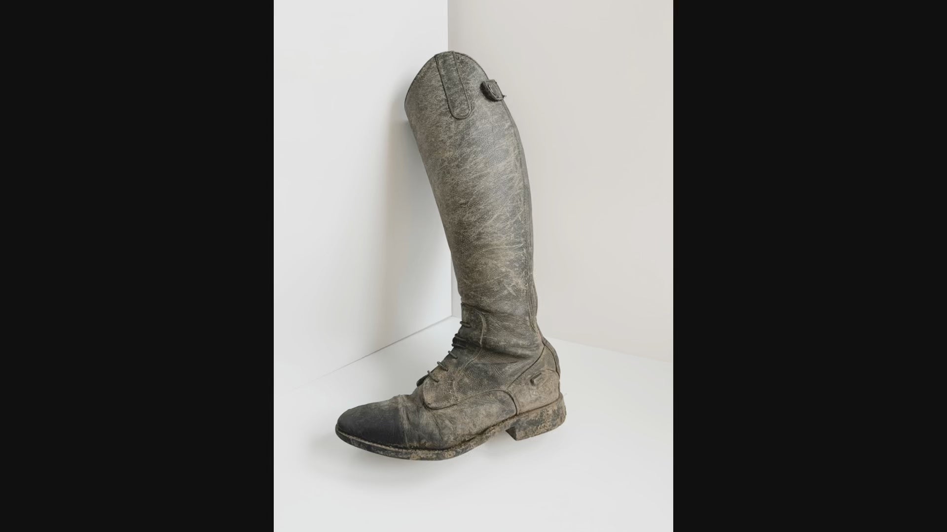 Video of black riding boot before and after cleaning with 'Fire Horse Botanicals' product